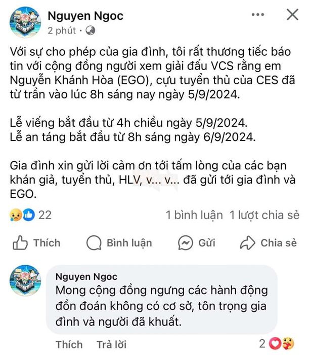 LMHT: Cựu tuyển thủ Nguyễn 'EGO' Khánh Hòa đã qua đời