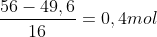 \frac{56 - 49,6}{16} = 0,4 mol