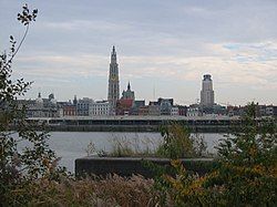 Nhà thờ và sông Scheldt ở Antwerp.