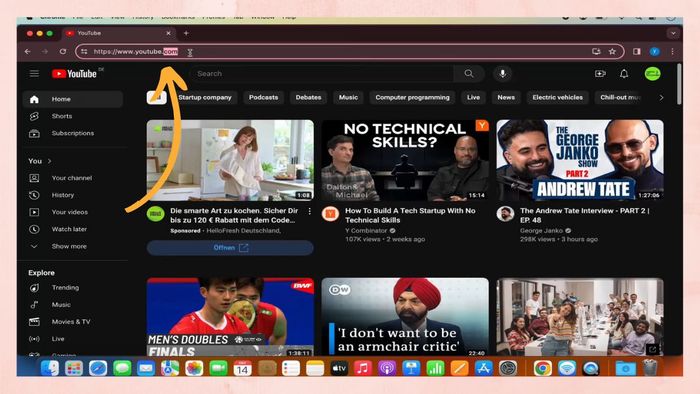 Gõ youtube.com và nhấn Enter
