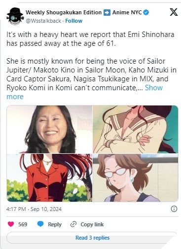 Diễn viên lồng tiếng nổi tiếng của Sailor Moon và Naruto đã qua đời ở tuổi 61.