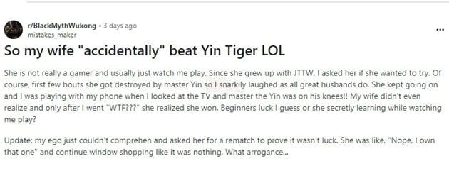 Sau khi không thể vượt qua Yin Tiger trong Black Myth Wukong, một nam game thủ đã để vợ mình thử sức.