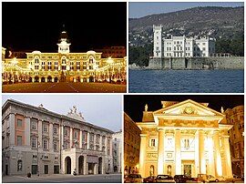 Một bức tranh tổng hợp về Trieste với Piazza Unità d'Italia (trước đây gọi là Piazza Grande; góc trên bên trái), Castello Miramare, Teatro Giuseppe Verdi và Sở giao dịch chứng khoán Trieste.