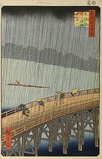 Cảnh mưa đột ngột trên cầu Shin-Ohashi và Atake (1857), thuộc loạt Trăm Danh Thắng Edo của Hiroshige