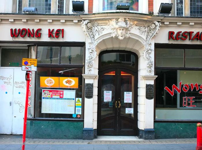 The facade of Wong Kei, a cherished gem in Chinatown.