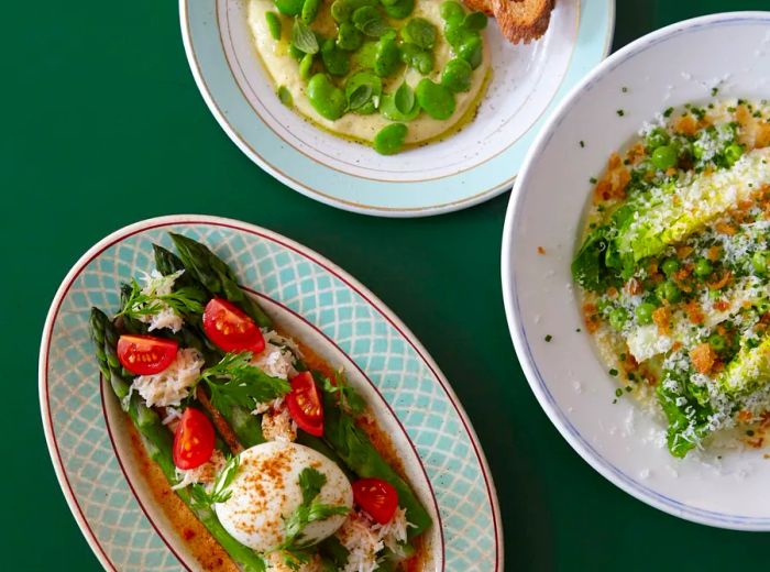 An assortment of dishes presented against a green backdrop.