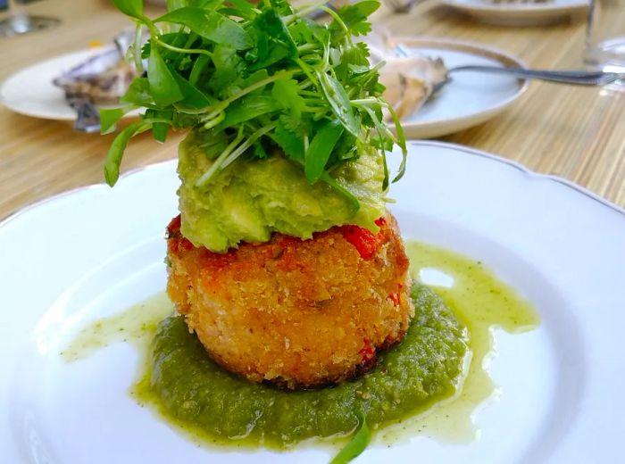 <div>
                
                  <div>A delectable crab cake, elegantly presented on a bed of sauce, garnished with sliced avocado and fresh sprouts.</div>
                </div>