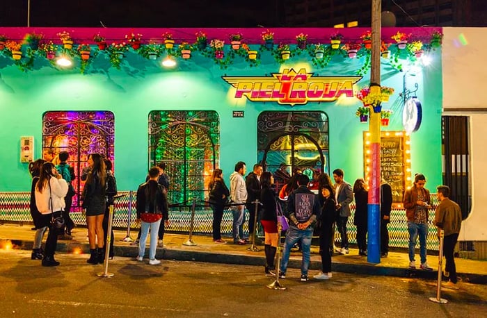 Facade of La Piel Roja bar in Bogotá, Colombia