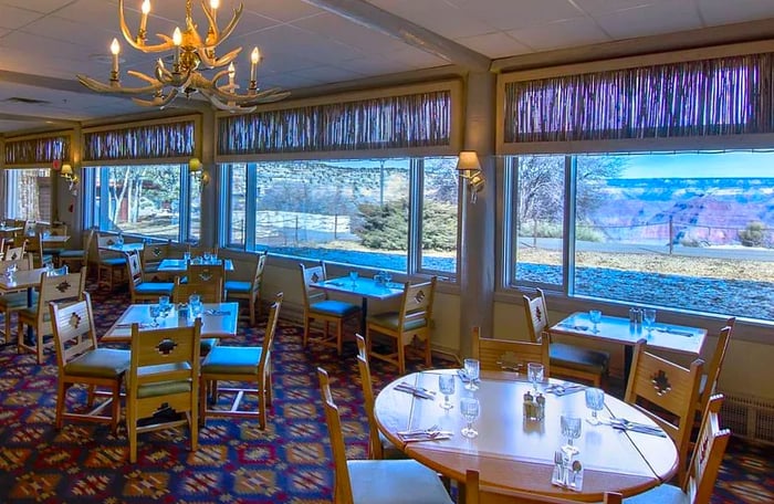 A cozy dining area inside a restaurant near the Grand Canyon