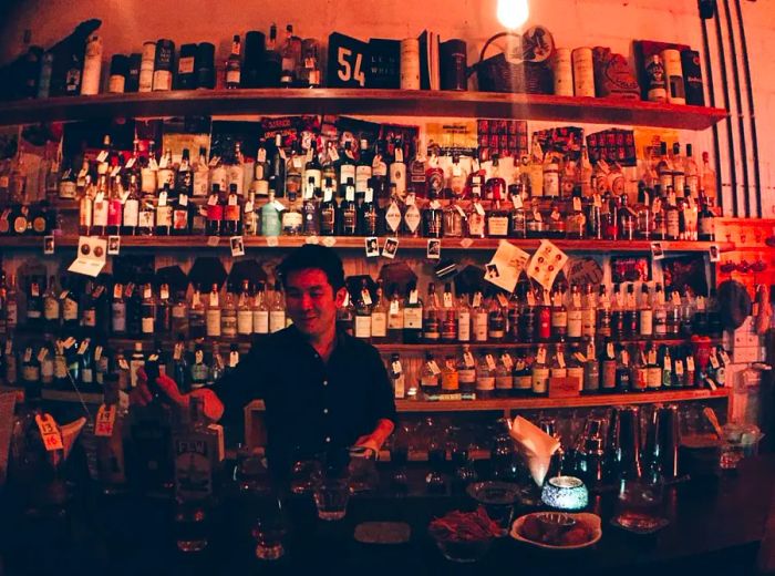 A bartender stands before a collection of liquor bottles, ready to mix innovative drinks.