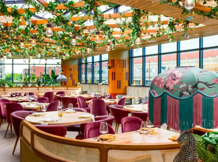 A sunlit dining area featuring expansive windows, lush hanging plants, and vibrant pink velvet seating.