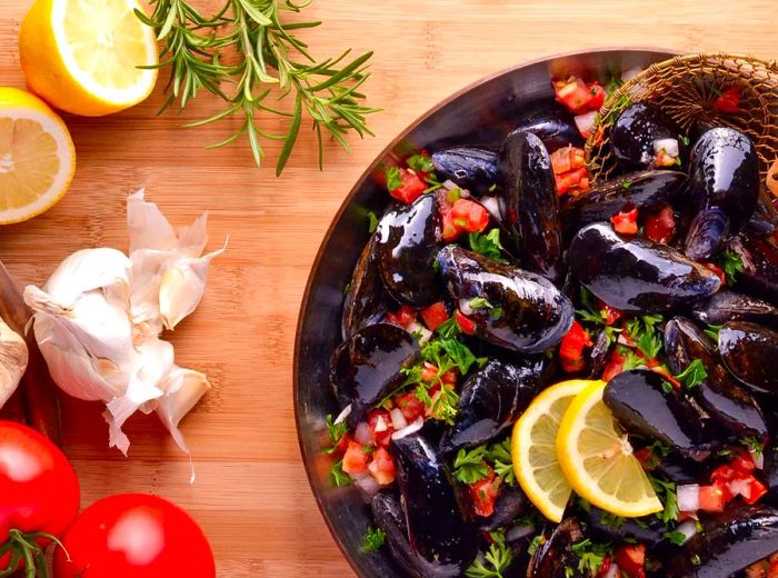 A generous bowl of mussels accompanied by chopped tomatoes and fresh herbs, set on a wooden table with some raw ingredients nearby.