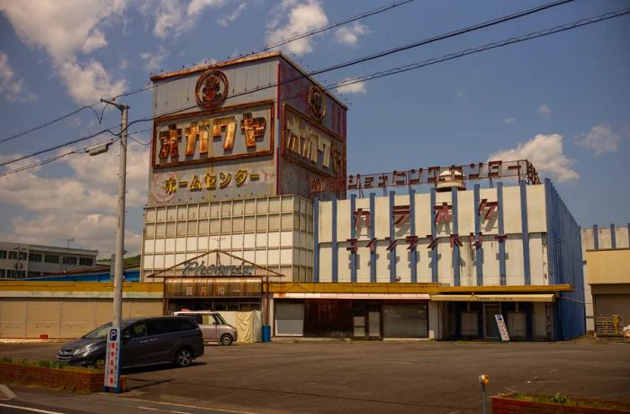 the facade of a deserted karaoke bar