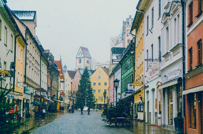 Wintery streets of the charming town of Füssen, Germany.