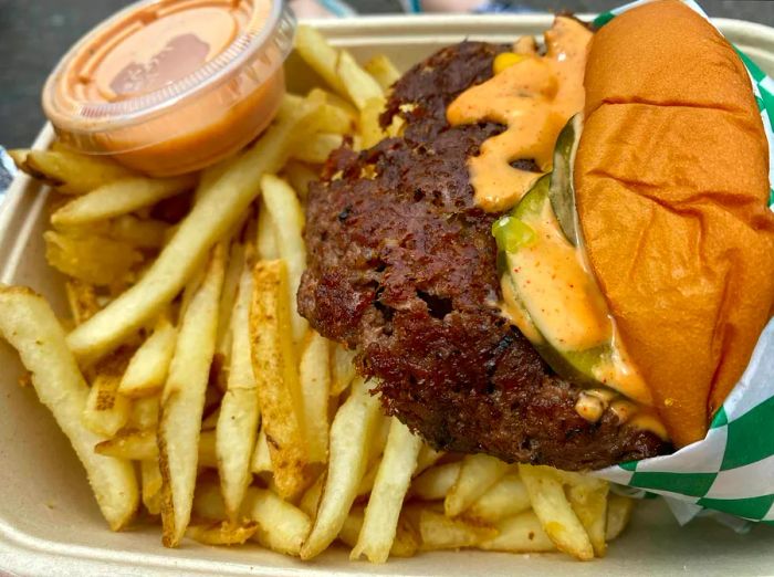 The smash burger and fries at Maillards in San Francisco