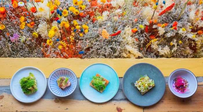 An overhead view shows five blue, patterned plates arranged in a row on a long wooden table, surrounded by a colorful array of wildflowers.