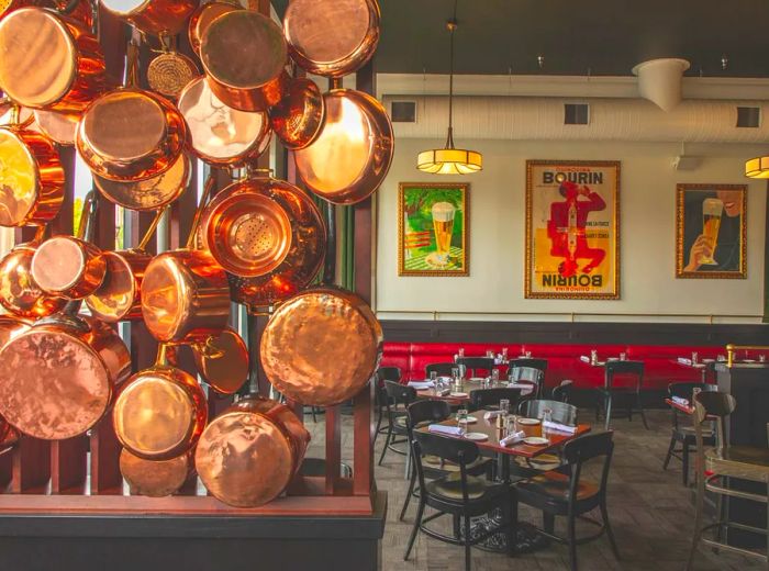 Copper pots adorn the walls inside Django's dining area