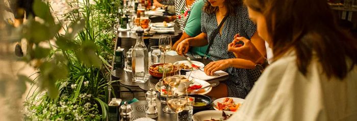 A lengthy table where guests savor small plates and sip wine next to a long planter.