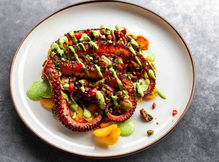 A bird's-eye view of octopus tentacles elegantly arranged on a plate, accompanied by diced vegetables and a drizzle of green sauce.