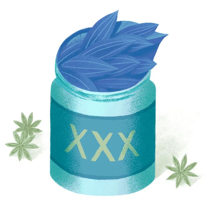 An illustration depicting a pill bottle labeled 'XXX' with food items or leaves protruding from the top.