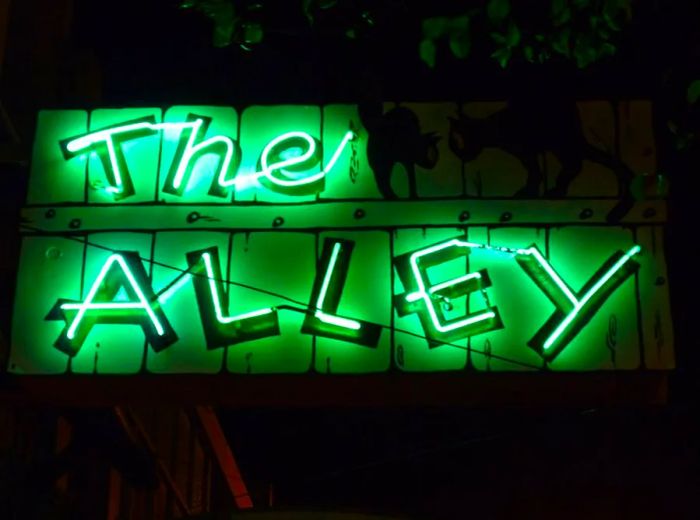 A quirky green neon sign advertising The Alley bar, featuring off-kilter letters