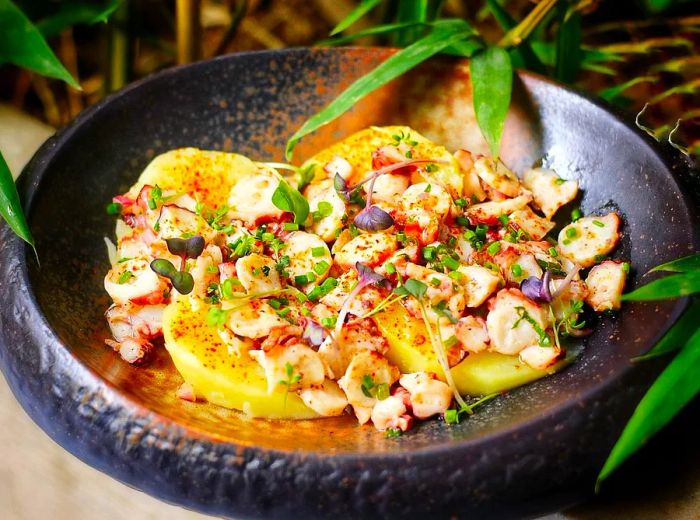 A deep, dark bowl filled with a vibrant blend of sliced octopus, fresh herbs, and a zesty sauce, surrounded by lush plant leaves.