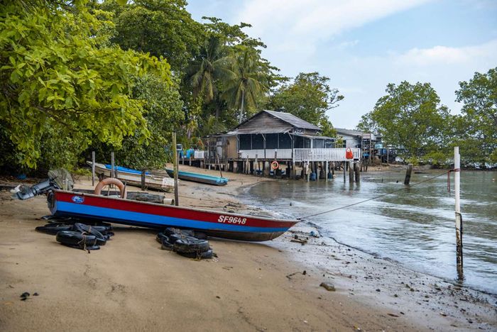 Khung cảnh bãi biển và bến tàu gỗ trên đảo Pulau Ubin, Singapore