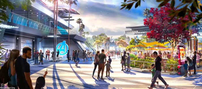 A visualization of the new Avengers Campus theme park area featuring families strolling through an outdoor space near an Avengers base and futuristic attractions.