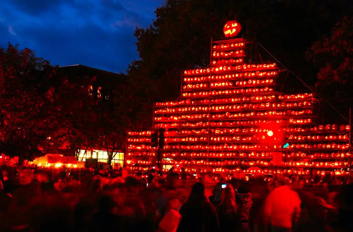 a nighttime display of jack o’ lanterns.