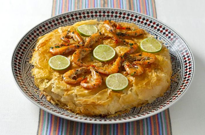 A flaky bastilla garnished with shrimp and lime.