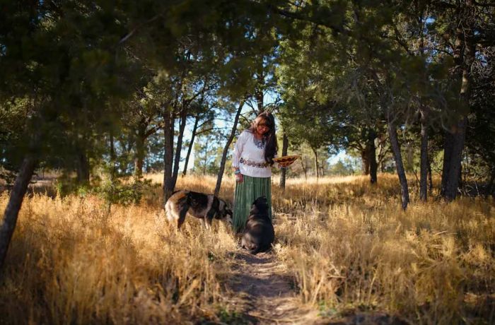 A woman stands among the trees with a basket, accompanied by two dogs at her feet.