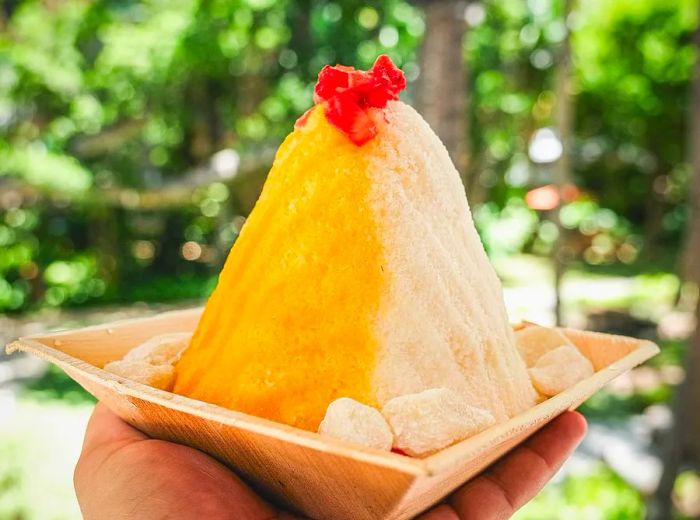 A generous mound of two-flavor shave ice, adorned with chopped strawberries and mochi, set against a charming park backdrop.