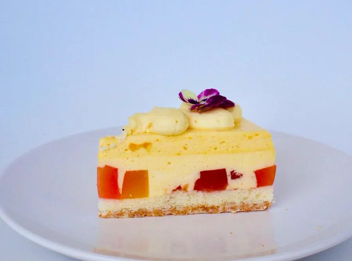 A slice of Jell-O cake resting on a simple plate, featuring vibrant blobs nestled within a creamy center, topped with frosting and adorned with a bright flower garnish