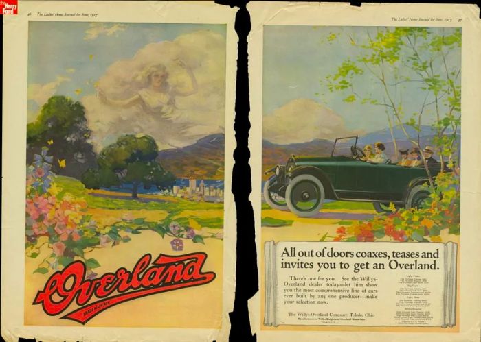 An advertisement for Willys–Overland showcasing a two-page illustration of a group driving through the countryside.