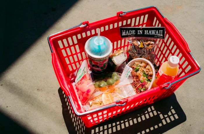 A collection of snacks and beverages.