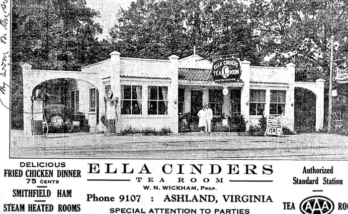 An antique postcard featuring Ella Cinders Tea Room.