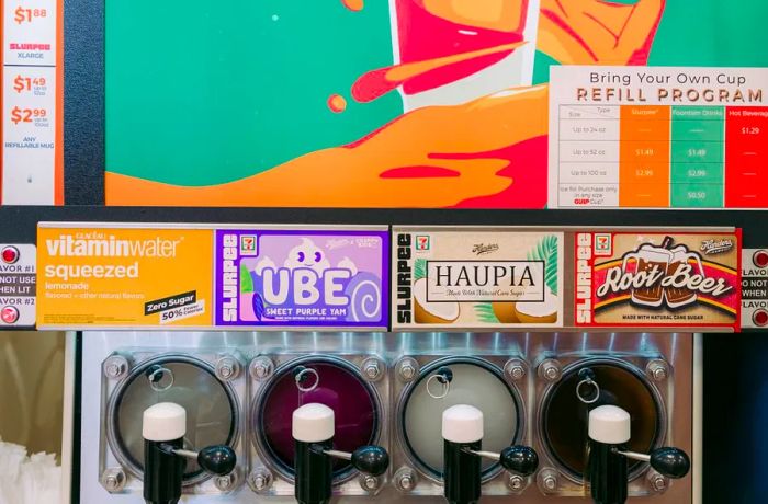 A colorful slurpee machine.