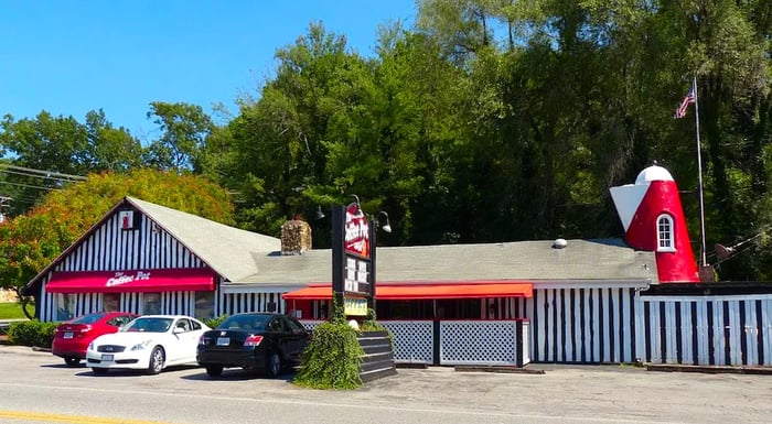 A vintage building topped with a kettle-shaped roof.