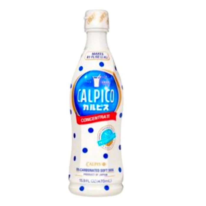 A white bottle adorned with blue dots, labeled 'Calpico.'