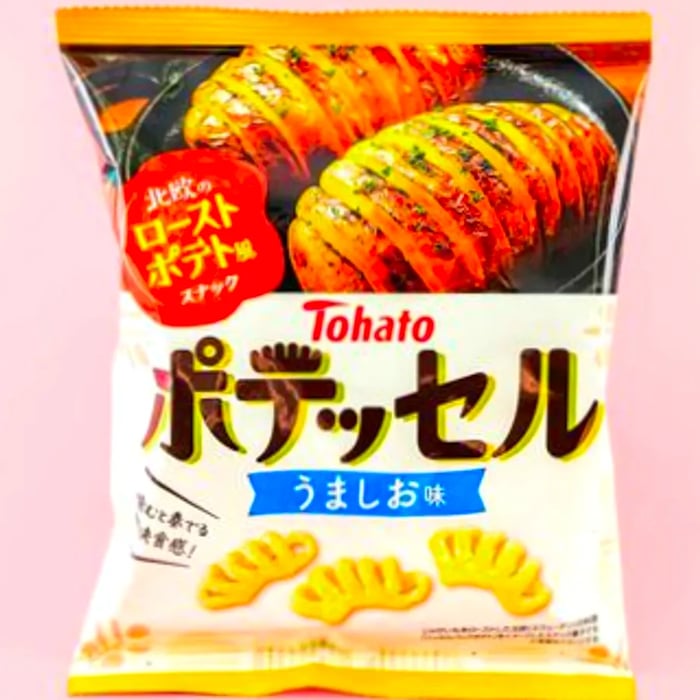 A black and white package featuring Japanese lettering and images of potato snacks.