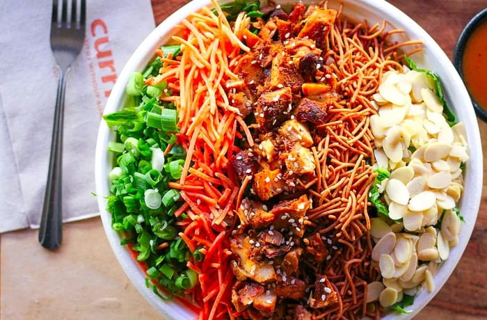 A close-up view of a bowl filled with meat, vegetables, and an array of toppings, artfully arranged in neat lines.