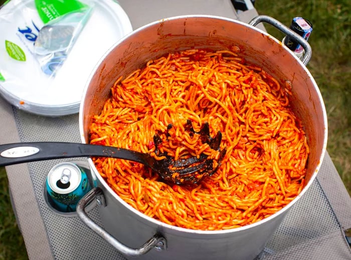 A massive pot of spaghetti.