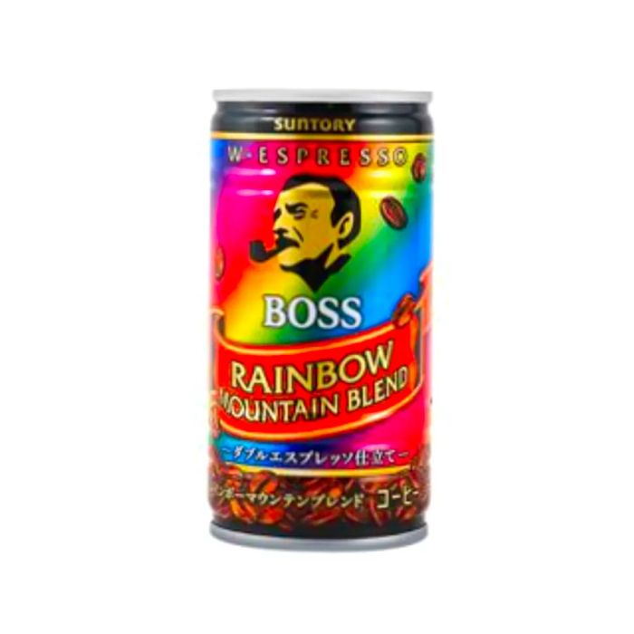 A vibrant, rainbow-colored can featuring coffee beans.