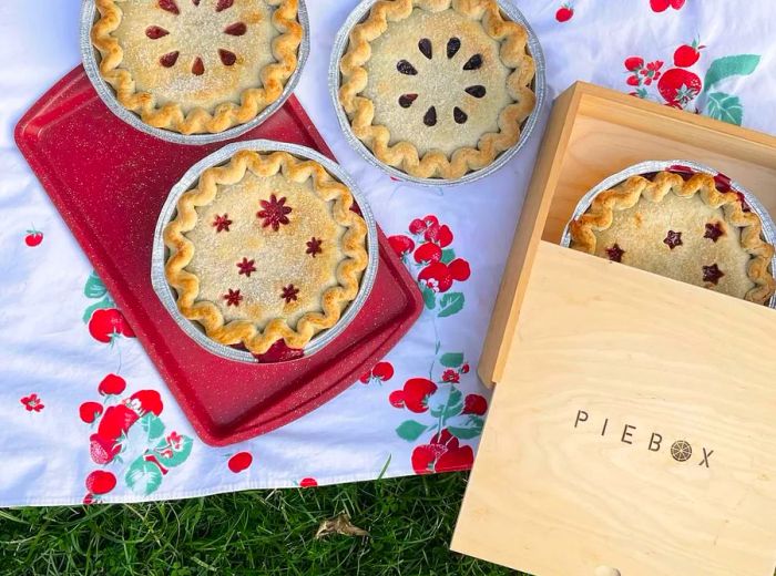 An aerial view of several mini pies, one half displayed in a charming box, resting on a patterned picnic blanket.