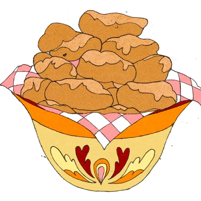 Illustration of a stack of puff pastries in an ornate bowl.