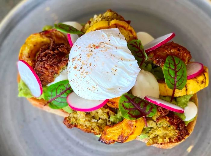 From above, a lavish avocado toast heaped with vegetables, crème fraîche, falafel, and a perfectly poached egg.