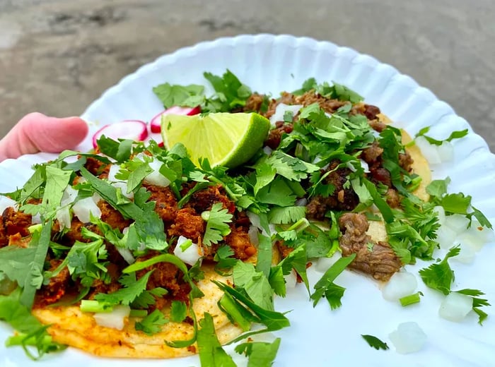 A hand carries two paper plates stacked with tacos brimming with fresh herbs, radishes, and a lime wedge, with savory meat peeking out.