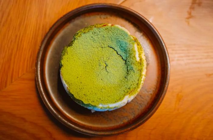 A matcha-dusted cheesecake