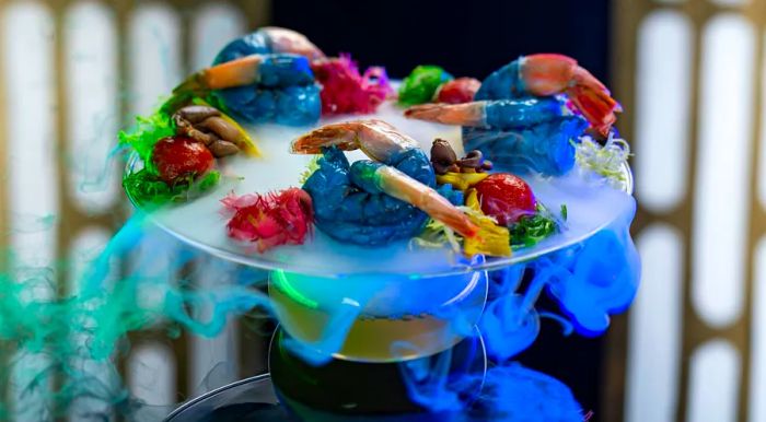 A dramatic presentation of blue shrimp emanating smoke.