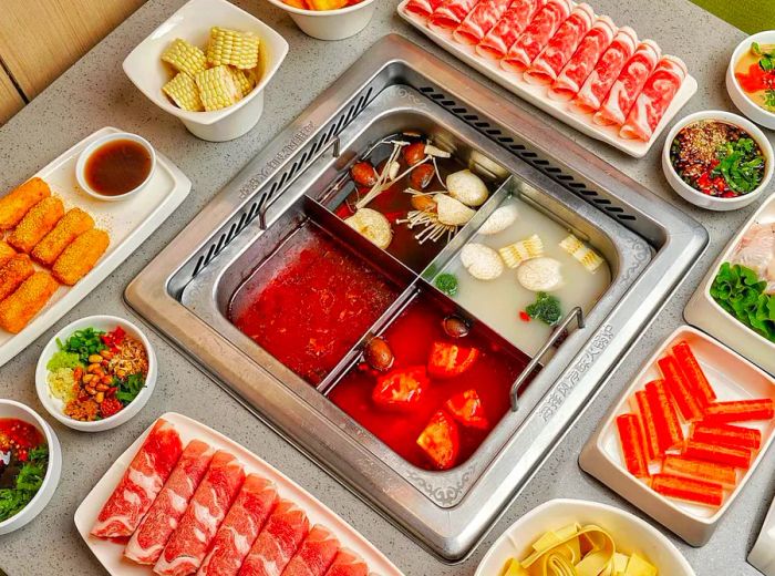 An assortment of raw meats, fresh vegetables, and noodles elegantly arranged around a divided hot pot featuring four vibrant broths